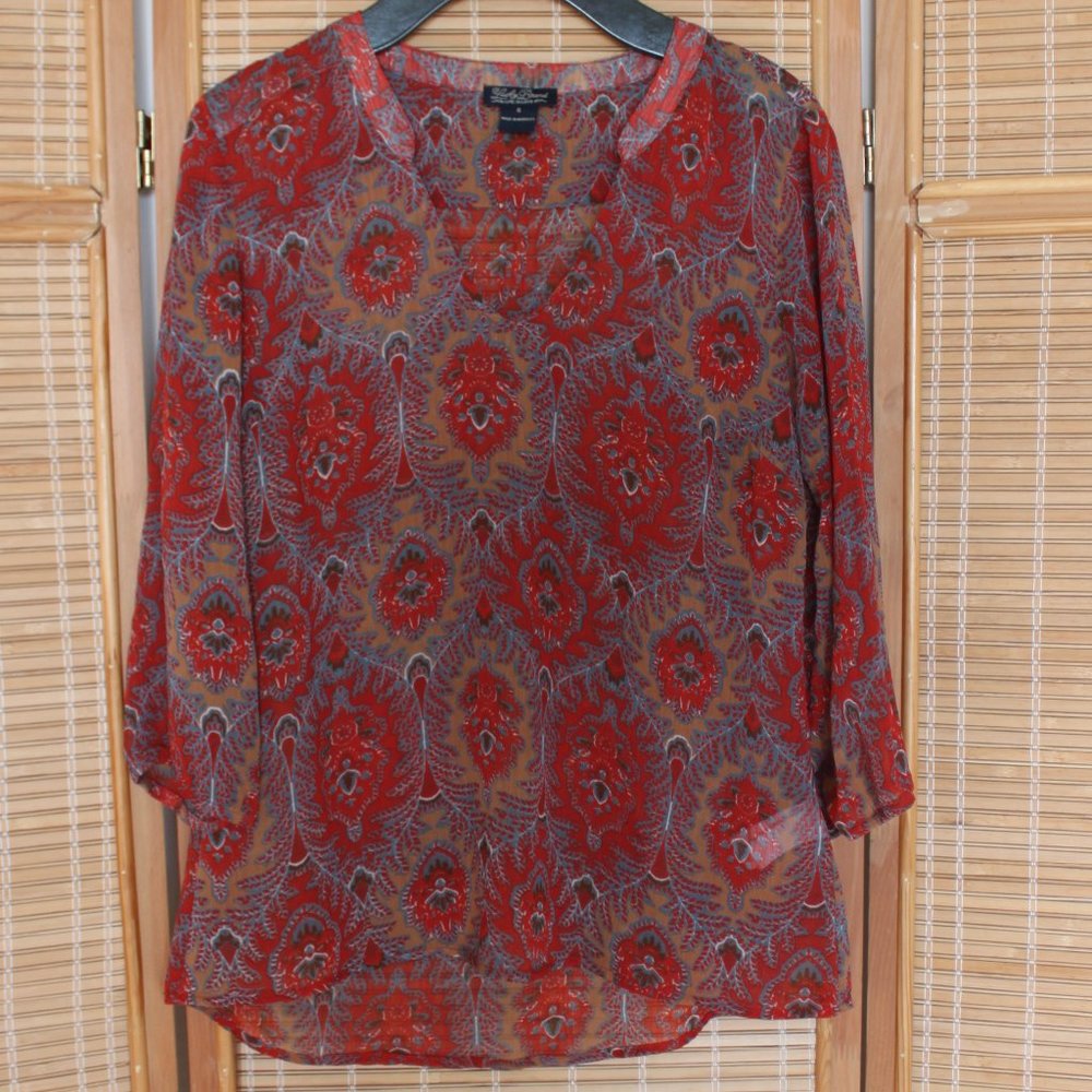 Lucky Brand | Red & Tan 3/4 Length Sleeve Blouse Size Small